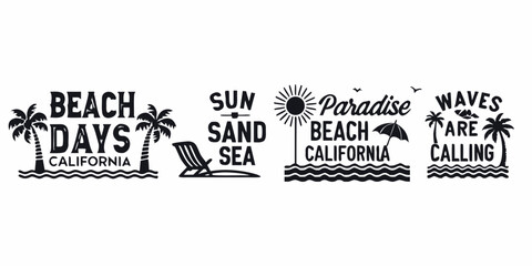 Collection of black and white beach themed typography graphics with palm trees and ocean waves