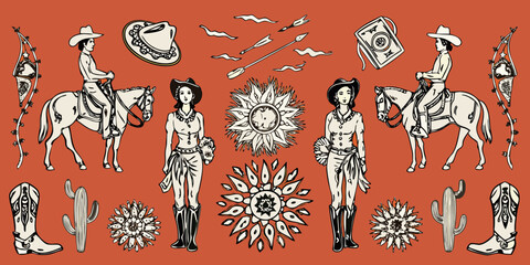 Vintage western cowboy and cowgirl illustrations with horses cacti and sunbursts on orange background