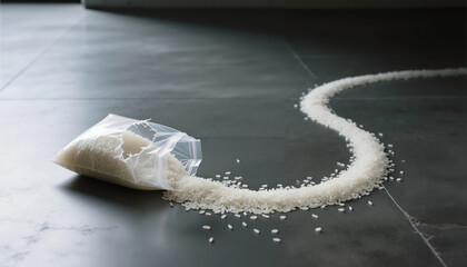 A torn bag of rice on the dark gray tiled floor with grains scattered around  
