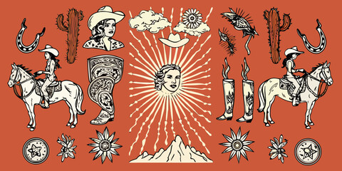 Western cowboy and cowgirl elements with horses cacti and boots on a rustic orange background