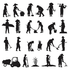 Obraz premium Silhouette farmers display traditional farming activities like planting crops, raking leaves, and driving a tractor