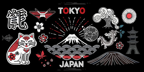 Collection of japanese cultural icons and symbols featuring mount fuji dragon and maneki neko