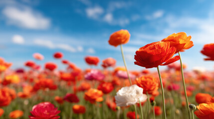 Obraz premium A beautiful field bursts with colorful flowers in shades of red, orange, pink, and white. The bright blooms stretch towards the sky, creating a cheerful scene on a sunny spring day