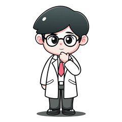 Cartoon Asian doctor with glasses is thoughtfully holding his chin while standing