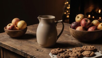 Rustic Still Life with Apples Cookies and Pitcher on Wooden Table.