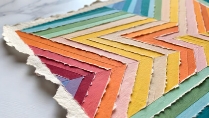 Colorful torn paper strips arranged in a geometric pattern with frayed edges abstract