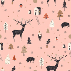 Cartoon pink winter pattern. Festive seamless background.