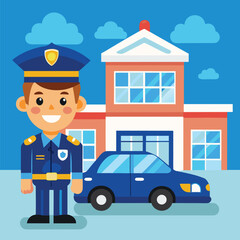 Cartoon police officer smiles proudly standing by his car in front of the station