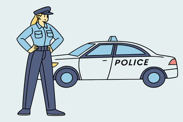 Blond officer posing proudly with hands on hips beside her car