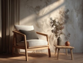 A wooden chair with a white pillow sits in front of a table