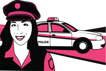 Smiling Asian policewoman in uniform poses near a white police car on duty