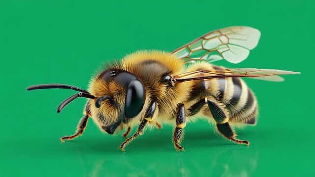 Detailed close up of a fuzzy bee with transparent wings on a solid green colored background bee green screen video