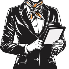 Stylish businesswoman wearing a scarf holds her tablet device while standing confidently in a modern suit