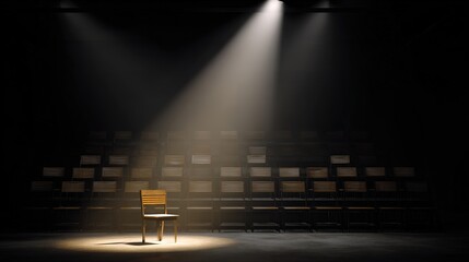 rehearsal. Empty theater rehearsal hall with a single spotlight on a central chair casting dramatic shadows. real-estate listings.