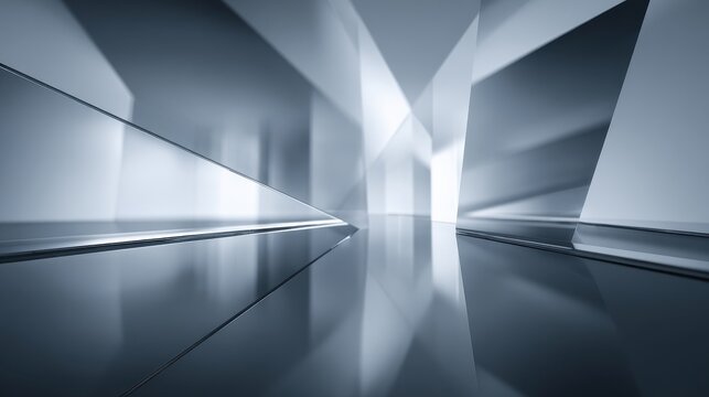 Futuristic abstract interior hallway with reflective geometric glass surfaces.