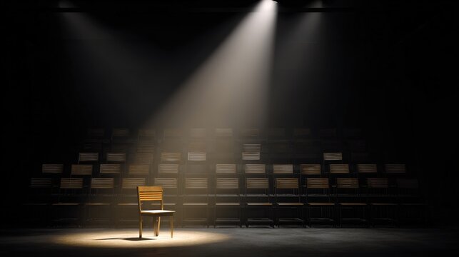 rehearsal. Empty theater rehearsal hall with a single spotlight on a central chair casting dramatic shadows. real-estate listings.