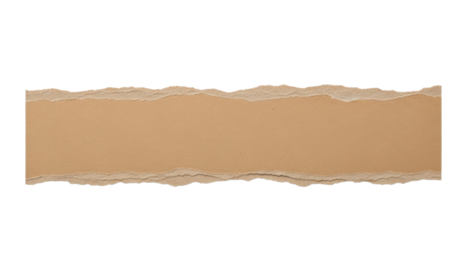 Long horizontal strip of torn brown paper, rough torn edges, cardboard texture, isolated on white transparent background, minimal paper mockup PNG Clean