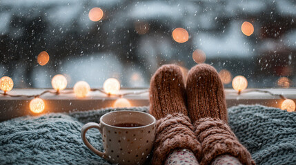 Cozy winter scene: Warm socks, a hot drink, and falling snow outside create a serene, inviting atmosphere of comfort and relaxation.