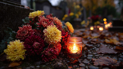 Floral tribute and a candle glow softly amidst fallen leaves, casting a gentle light in the solemn, reflective atmosphere of a cemetery.