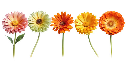 Five colorful zinnias in various shades of pink, yellow, and orange, isolated on transparent background