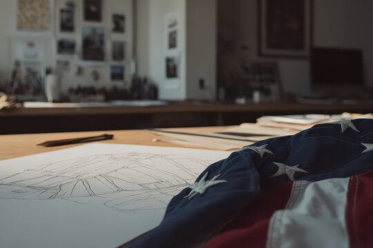 Creativity and patriotism blend in a fashion designer's studio adorned with the United States flag
