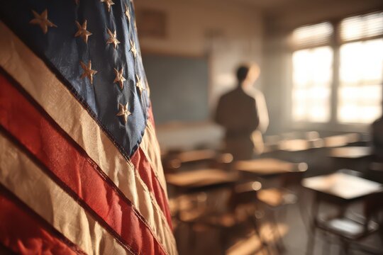 Teacher standing in a classroom with the USA flag displayed prominently, highlighting dedication to education and patriotism in American schools