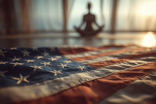 Yoga instructor practices mindfulness in front of a USA flag at a serene indoor location during sunset
