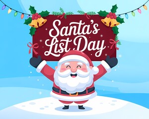 Santa claus celebrates santas list day with a festive banner and joy