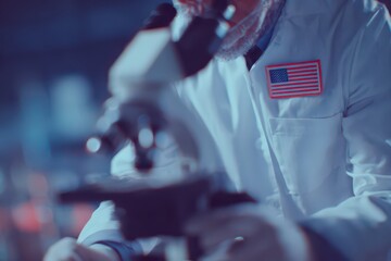 Microscope work in USA laboratory showcasing a scientist dedicated to research and innovation while proudly displaying the American flag on their lab coat