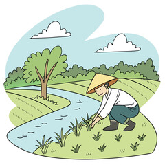 Asian man in conical hat tending to the rice fields near a river