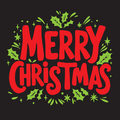Lettering Merry Christmas. Red Christmas illustration on a black background for holiday design.