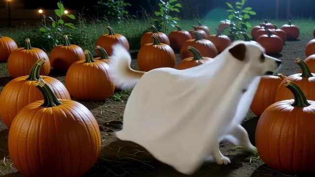 Pumpkin Patch Mystery: A playful dog, playfully costumed as a ghost, weaves through a vibrant pumpkin patch, creating a scene of delightful mystery under the cover of night.