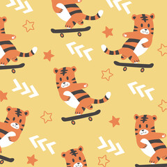 cute orange tiger savana skateboard seamless pattern vector design for kids apparel fullprint fabric