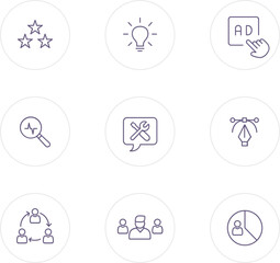 Thin Stroke Business Analytics Icon Set. Minimal Outline Symbol Collection, Analytics Tools, Finance Chart, Teamwork Innovation, Data Management Line Creative. Professional Marketing, Dashboard idea