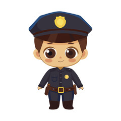A happy brunette boy is wearing a police uniform and hat, standing isolated