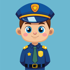 Cartoon police officer stands smiling in a dark blue uniform against a light blue background