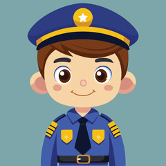 Cartoon police officer with brown hair and blue uniform smiles gently at the viewer