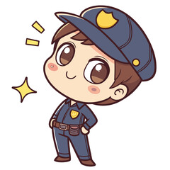 Smiling cartoon police officer cheerfully stands, presenting a whimsical and friendly demeanor with charm