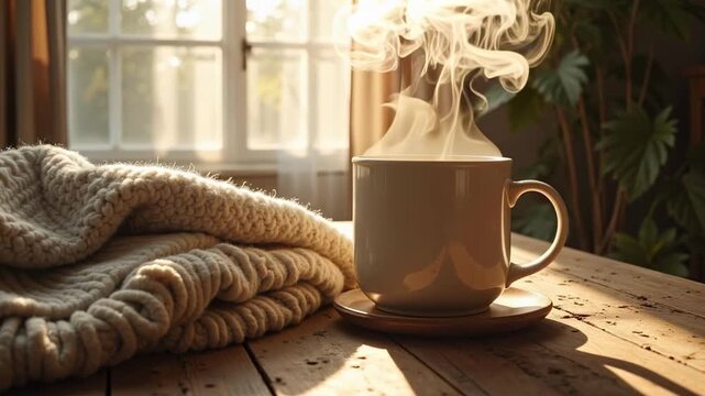 Cozy morning ritual with steaming hot coffee and warm blanket bathed in soft sunlight by the window