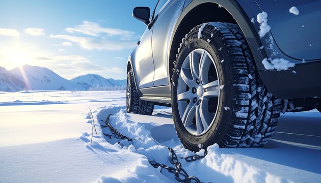 Gray car tire with chains in snow, on a winter day in a snowy landscape, mountain range on background