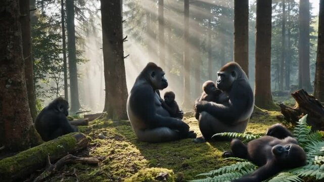 A family of gorillas relaxing together in a misty forest environment