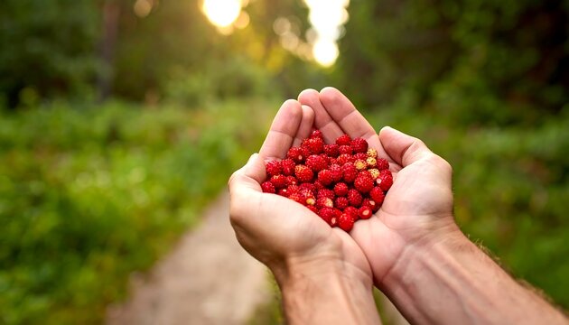 Hands hold pile of wild strawberries, sunny forest scene blurred in background