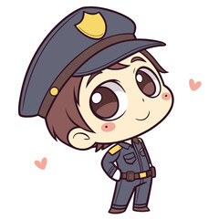 Smiling anime officer stands proudly with pink hearts floating on a white canvas