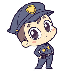 Cartoon police officer smiles with hands on hips wearing a blue police uniform