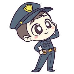 Happy cartoon policeman leans back, wearing dark blue uniform and a confident smile