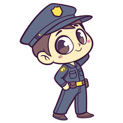Cartoon boy in police uniform with hand on waist poses cutely and smiles