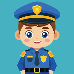 Smiling boy in blue police uniform with gold badge stands against a turquoise backdrop