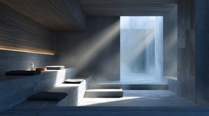 Obraz premium A room with a window that is letting in sunlight. The room is empty and has a modern design