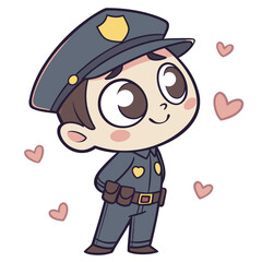 Smiling cartoon officer stands cheerfully amidst pink heart shapes on a white backdrop