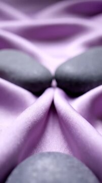 薄紫のシルクにY字型に配置された滑らかな灰色の川石